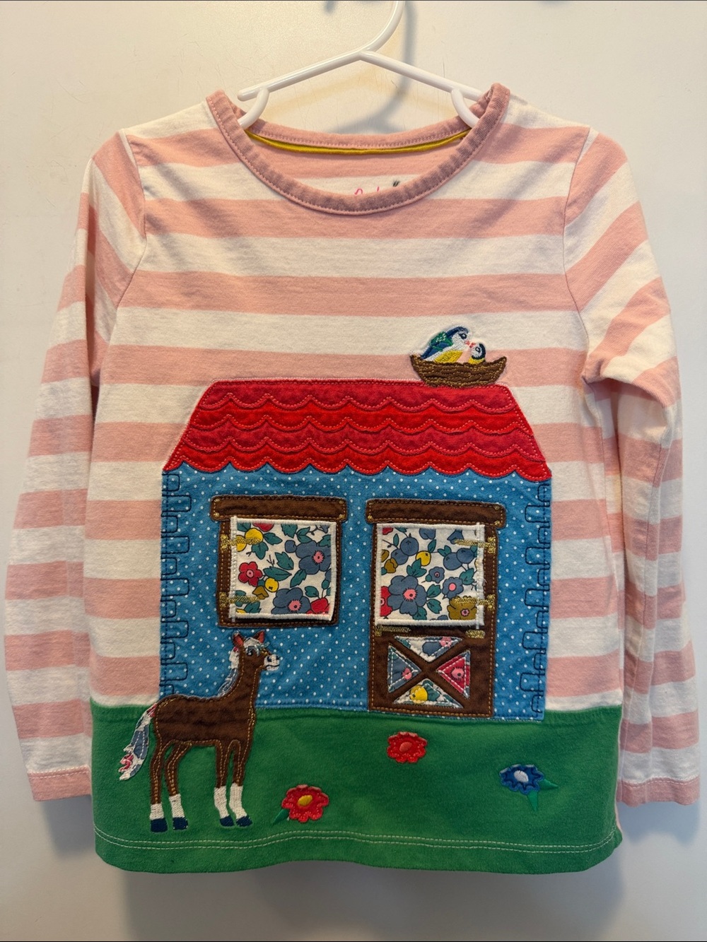 Mini Boden Pink & White Striped Long Sleeve Top w/ Colorful House 🏠 Appliqué